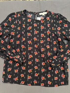NWT  LOFT Black Floral Long-Sleeve Top with Accent Flowers  SZ S